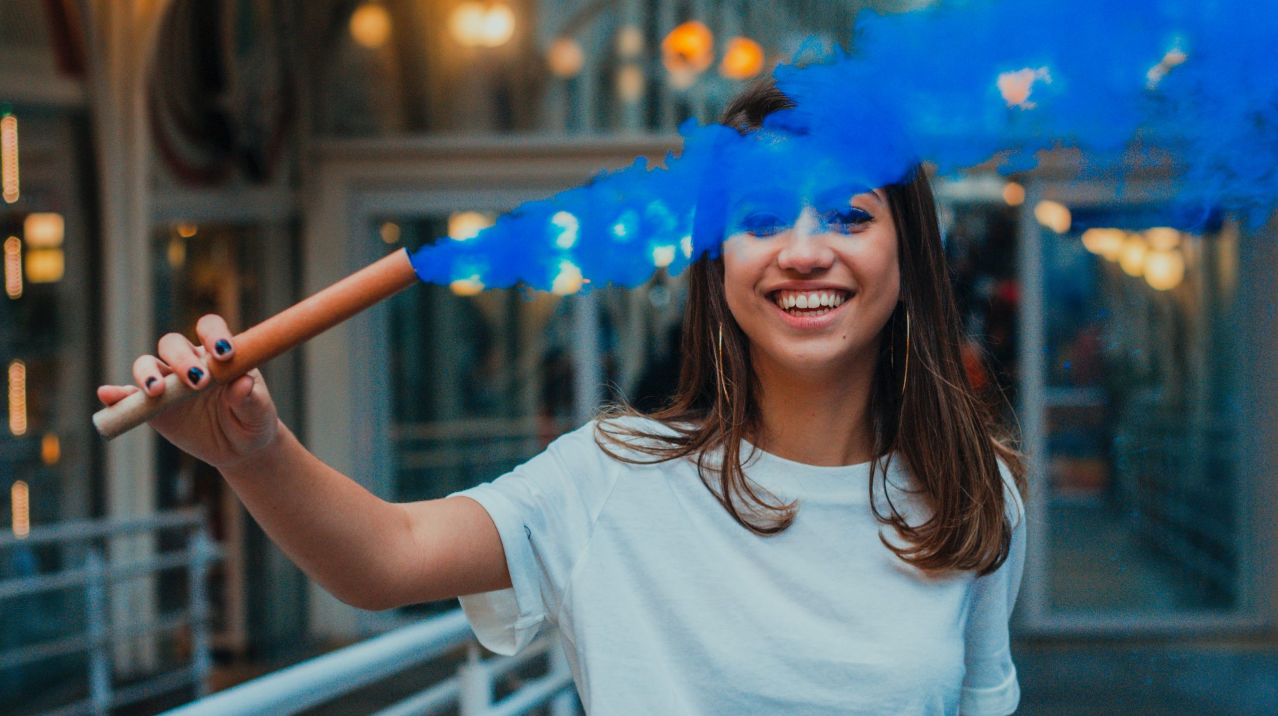 beautiful mess, girl holding blue smoke