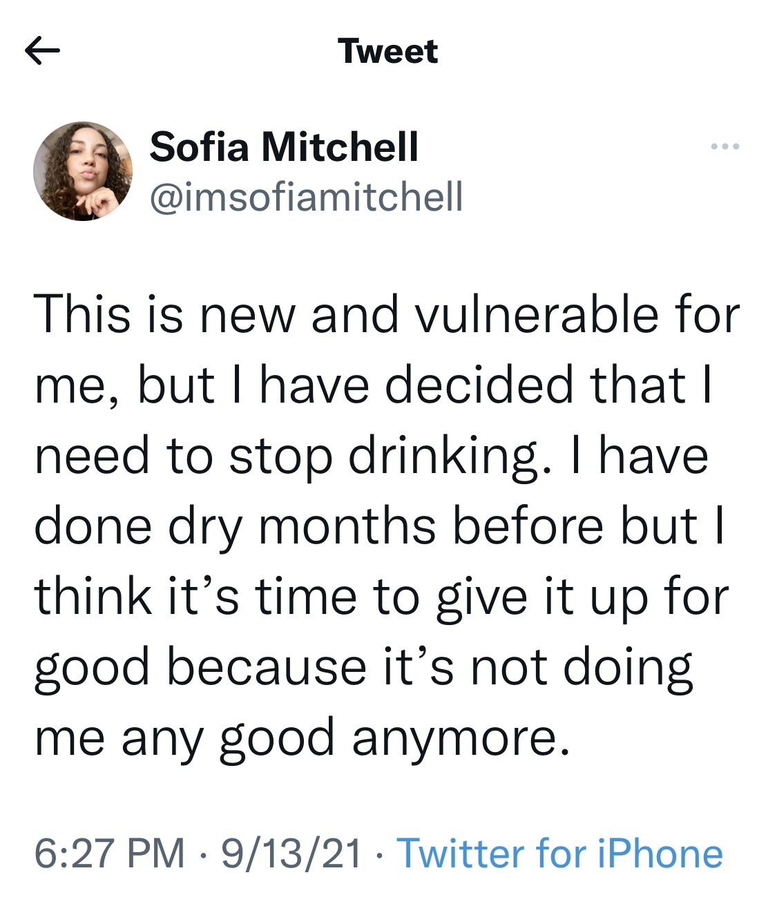 stopped drinking, Sofia tweet